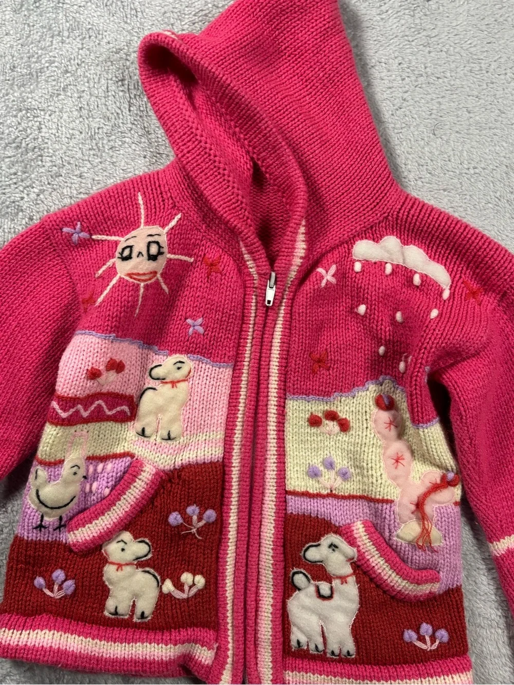 Pink Hooded Knit Zip-Front Sweater with Playful Animal Appliqués